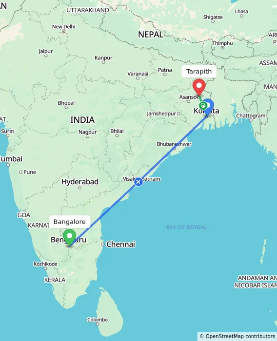 Route map showing distance and travel time from Bangalore, India to Tarapith, India