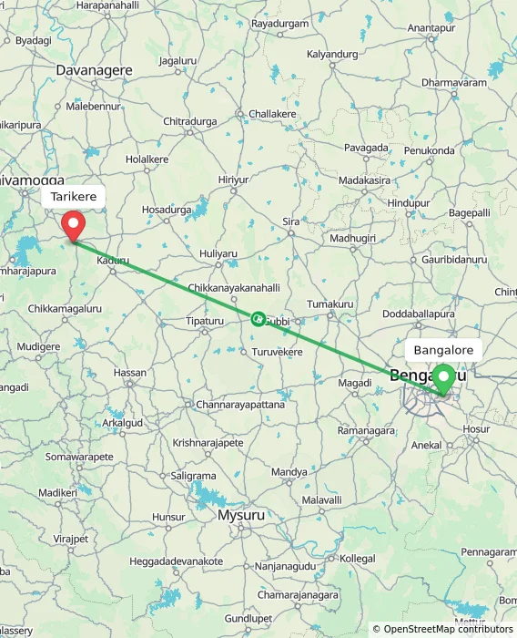 Route map showing distance and travel time from Bangalore, India to Tarikere, India
