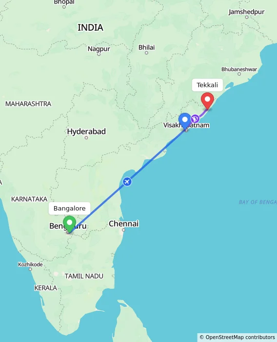 Route map showing distance and travel time from Bangalore, India to Tekkali, India