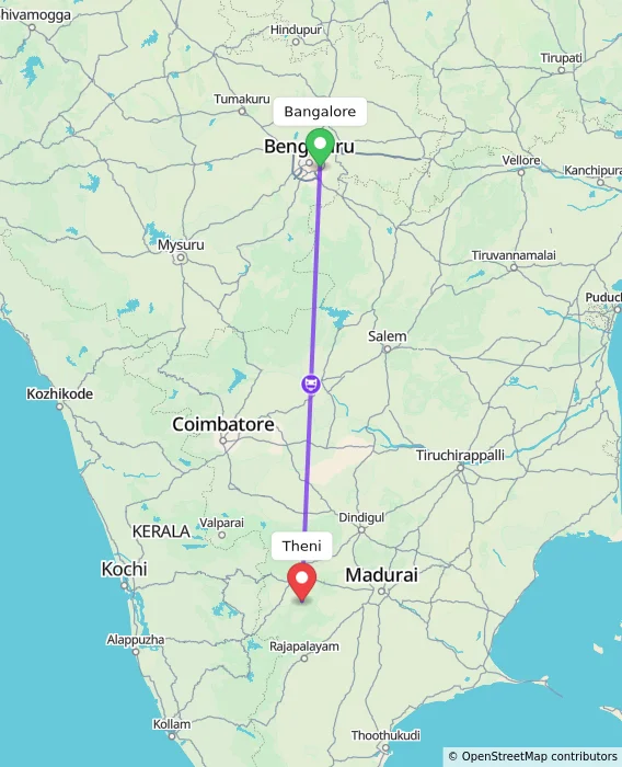 Route map showing distance and travel time from Bangalore, India to Theni, India