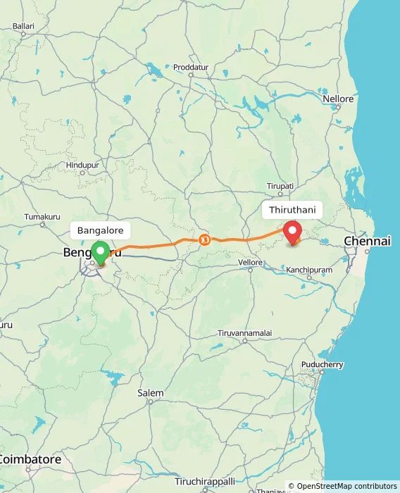 Route map showing distance and travel time from Bangalore, India to Thiruthani, India