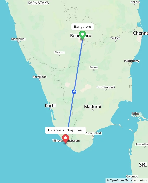 Route map showing distance and travel time from Bangalore, India to Thiruvananthapuram, India