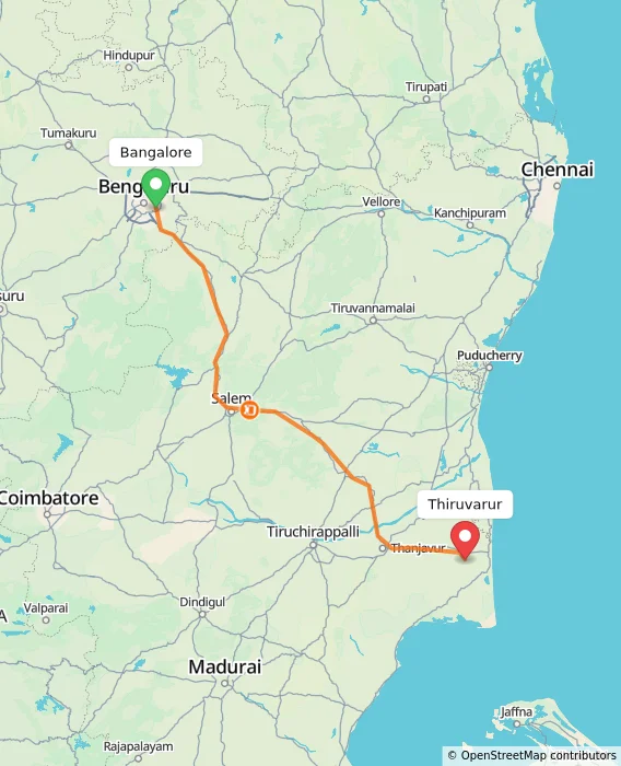 Route map showing distance and travel time from Bangalore, India to Thiruvarur, India