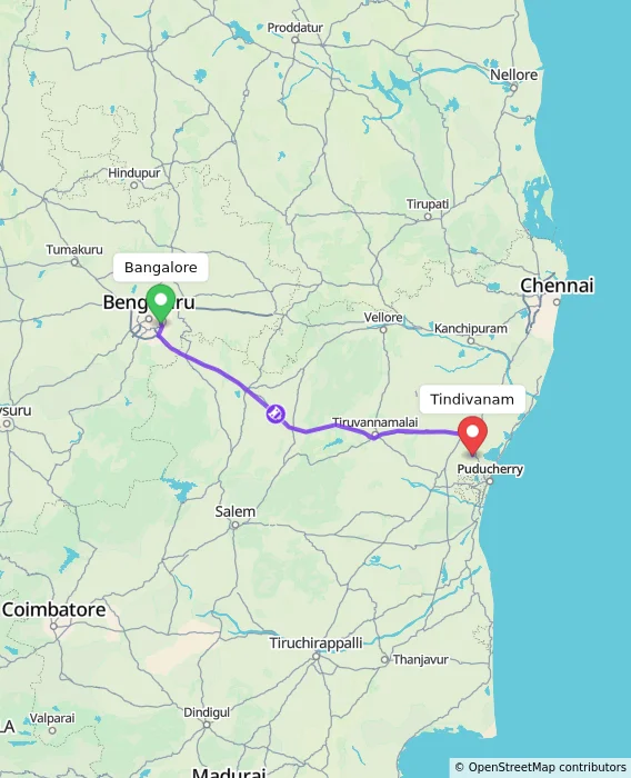 Route map showing distance and travel time from Bangalore, India to Tindivanam, India