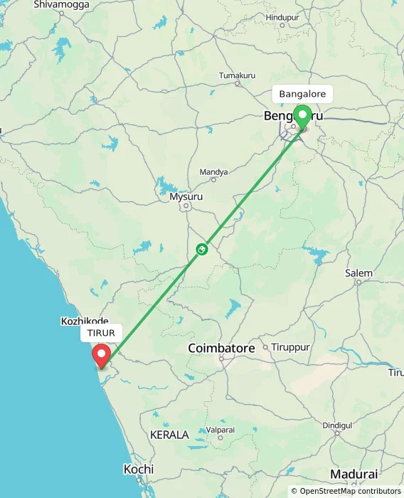 Route map showing distance and travel time from Bangalore, India to TIRUR, India