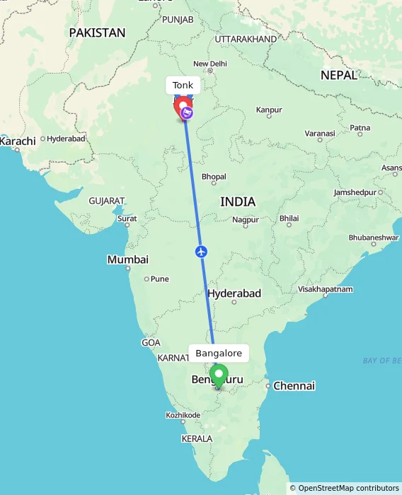 Route map showing distance and travel time from Bangalore, India to Tonk, India