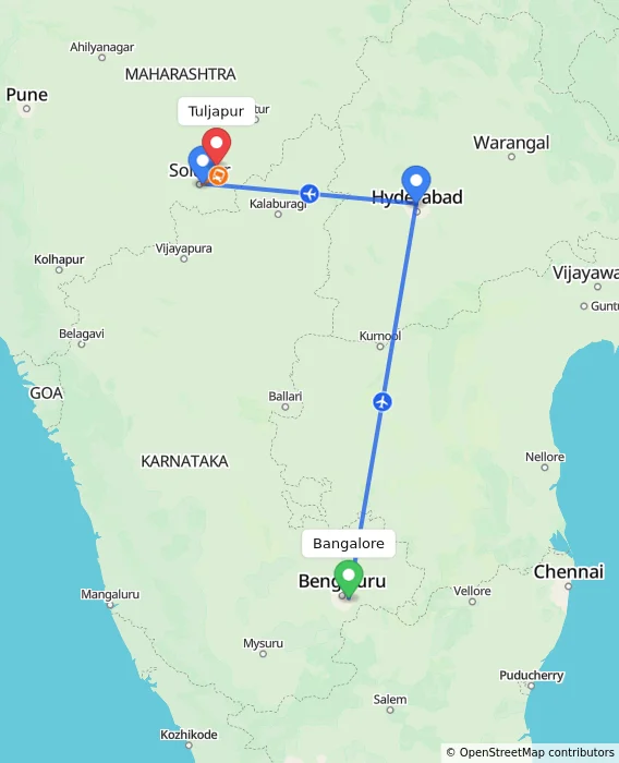 Route map showing distance and travel time from Bangalore, India to Tuljapur, India