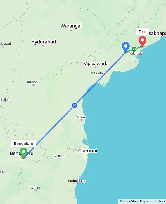 Route map showing distance and travel time from Bangalore, India to Tuni, India