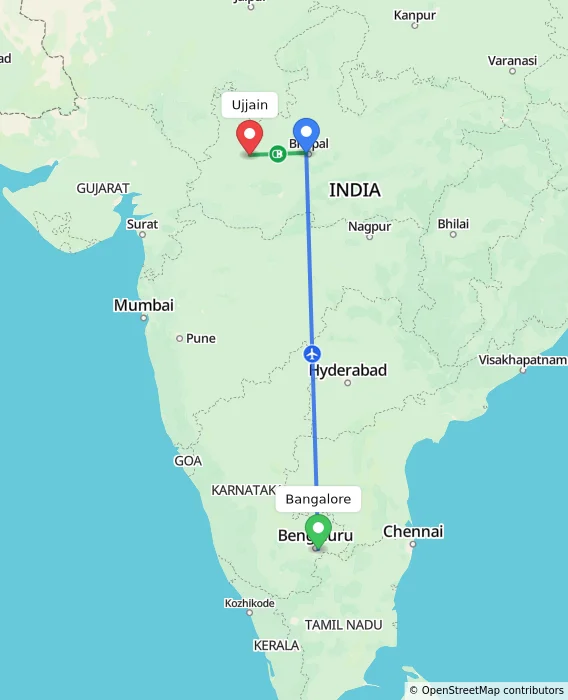 Route map showing distance and travel time from Bangalore, India to Ujjain, India
