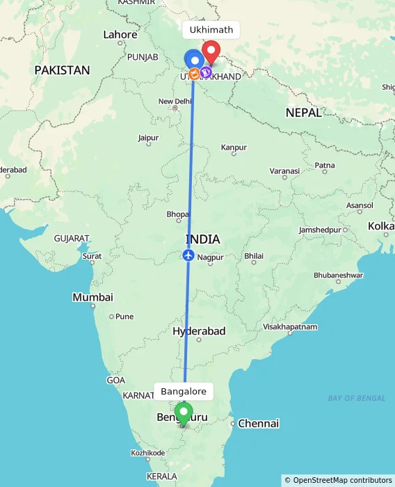 Route map showing distance and travel time from Bangalore, India to Ukhimath, India