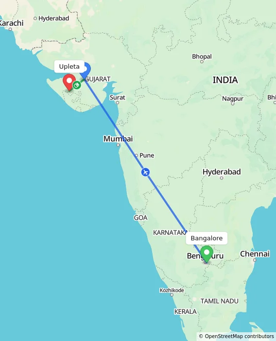 Route map showing distance and travel time from Bangalore, India to Upleta, India