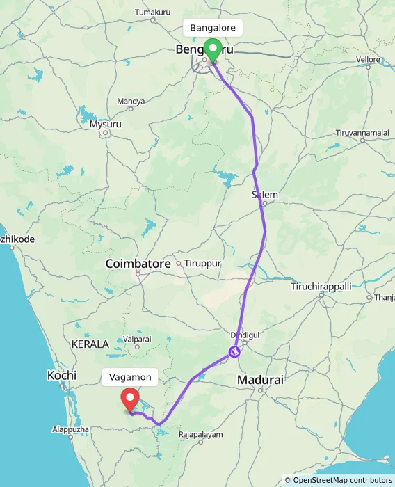 Route map showing distance and travel time from Bangalore, India to Vagamon, India