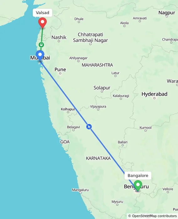 Route map showing distance and travel time from Bangalore, India to Valsad, India