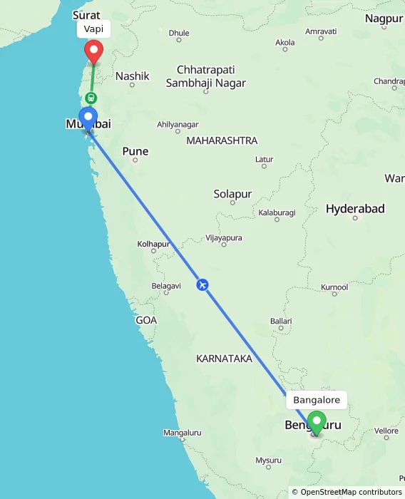 Route map showing distance and travel time from Bangalore, India to Vapi, India