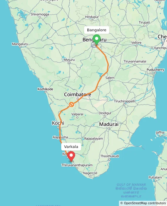 Route map showing distance and travel time from Bangalore, India to Varkala, India