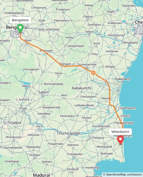 Route map showing distance and travel time from Bangalore, India to Velankanni, India