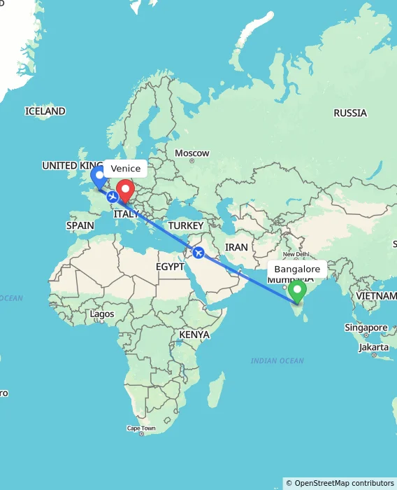 Route map showing distance and travel time from Bangalore, India to Venice, Italy