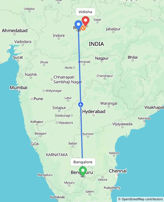 Route map showing distance and travel time from Bangalore, India to Vidisha, India