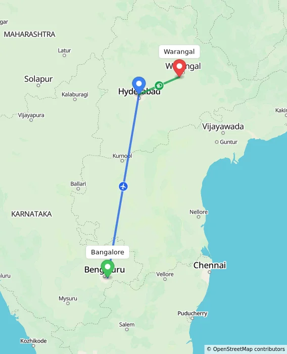 Route map showing distance and travel time from Bangalore, India to Warangal, India
