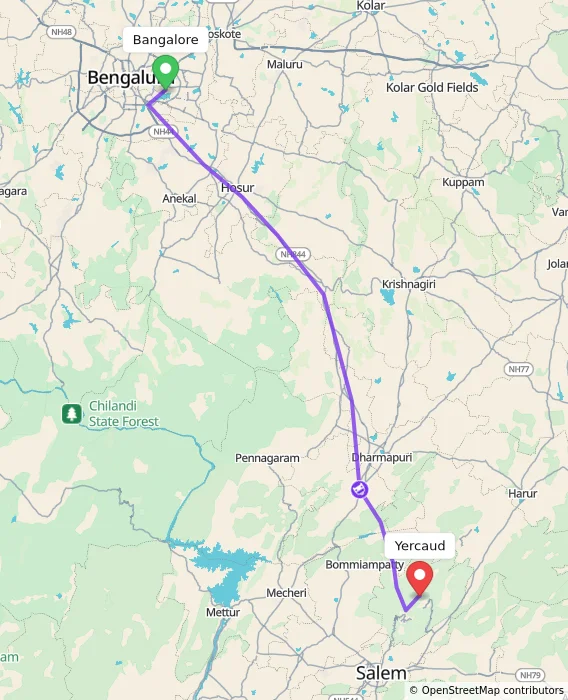 Route map showing distance and travel time from Bangalore, India to Yercaud, India