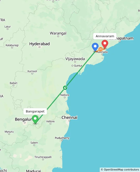 Route map showing distance and travel time from Bangarapet, India to Annavaram, India