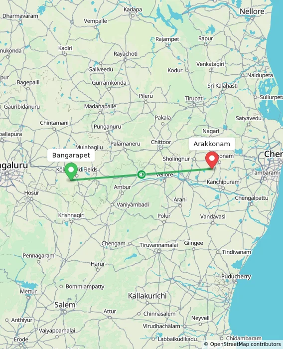 Route map showing distance and travel time from Bangarapet, India to Arakkonam, India