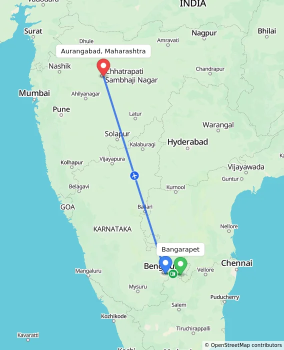 Route map showing distance and travel time from Bangarapet, India to Aurangabad, Maharashtra, India