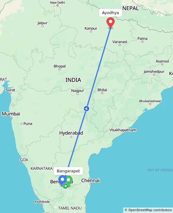 Route map showing distance and travel time from Bangarapet, India to Ayodhya, India