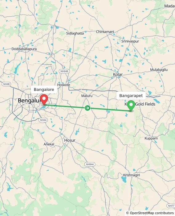 Route map showing distance and travel time from Bangarapet, India to Bangalore, India