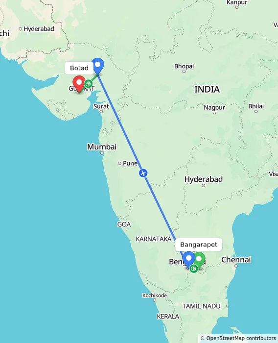 Route map showing distance and travel time from Bangarapet, India to Botad, India