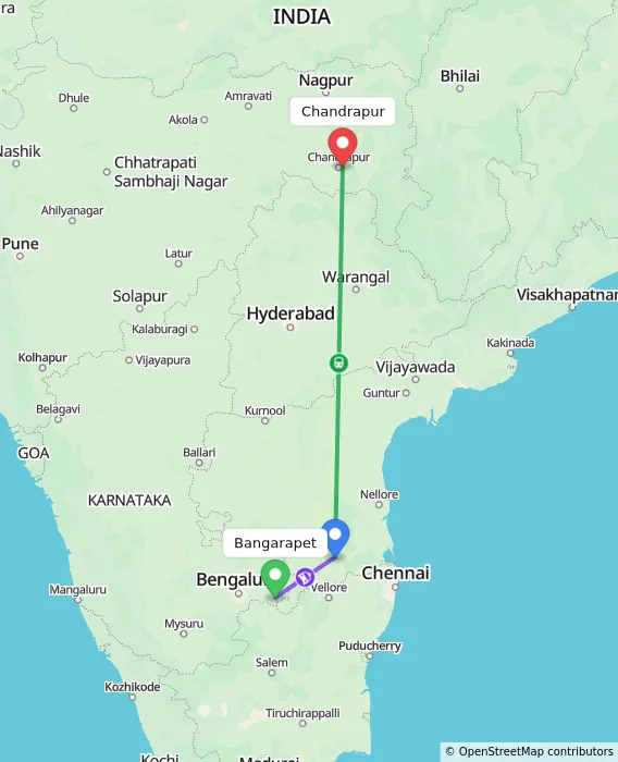 Route map showing distance and travel time from Bangarapet, India to Chandrapur, India