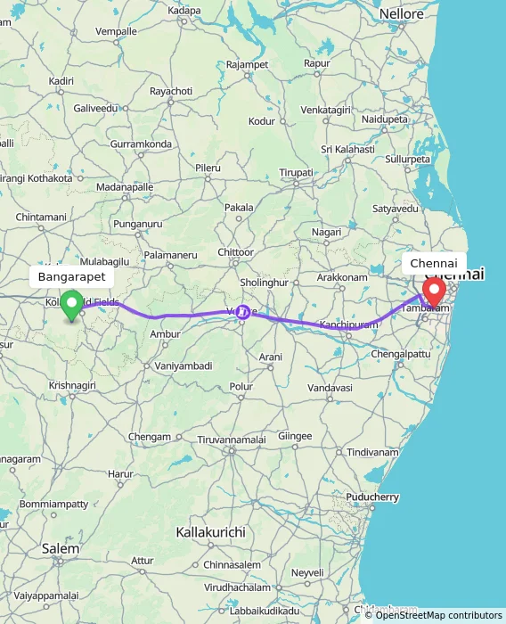 Route map showing distance and travel time from Bangarapet, India to Chennai, India