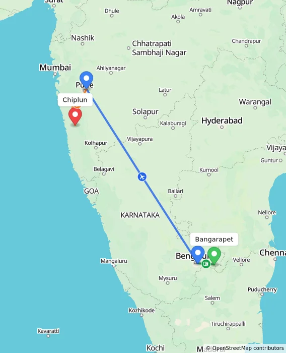 Route map showing distance and travel time from Bangarapet, India to Chiplun, India