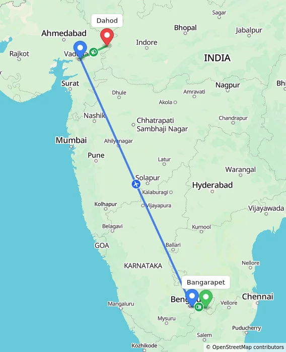 Route map showing distance and travel time from Bangarapet, India to Dahod, India
