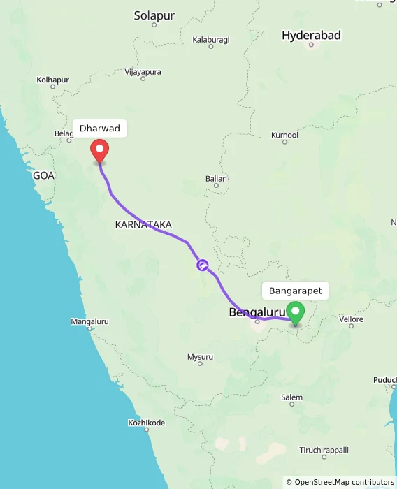 Route map showing distance and travel time from Bangarapet, India to Dharwad, India