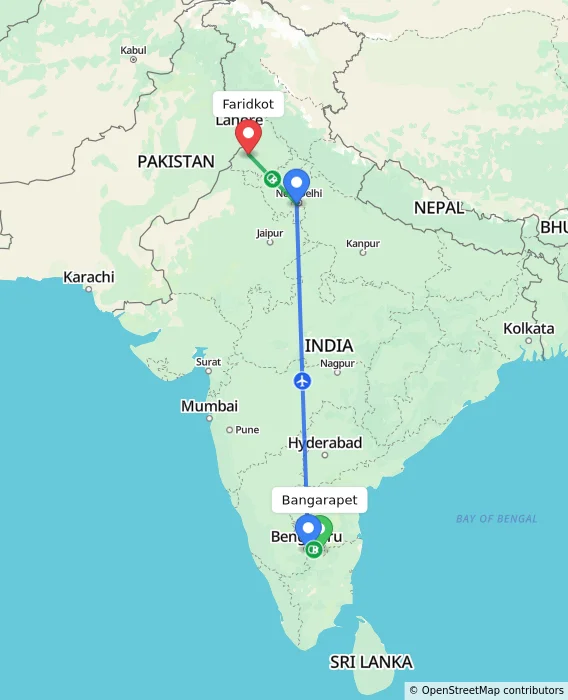 Route map showing distance and travel time from Bangarapet, India to Faridkot, India
