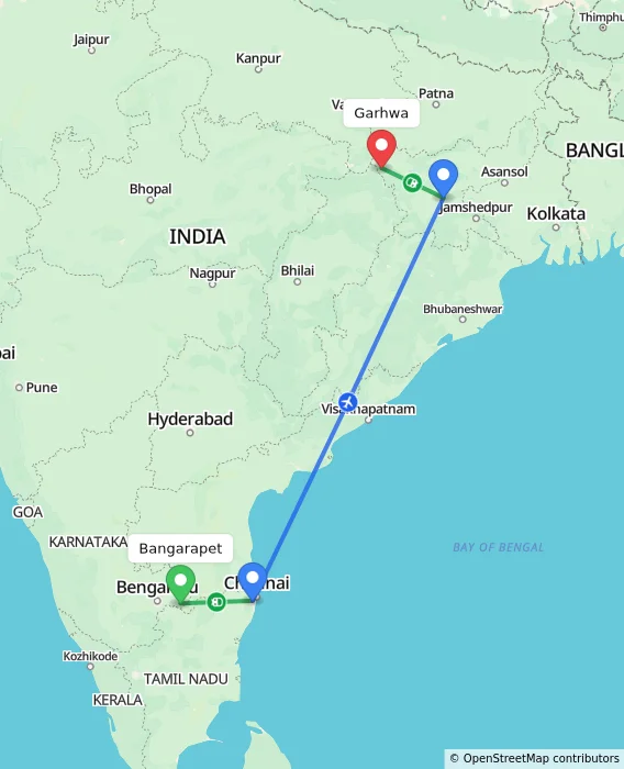 Route map showing distance and travel time from Bangarapet, India to Garhwa, India