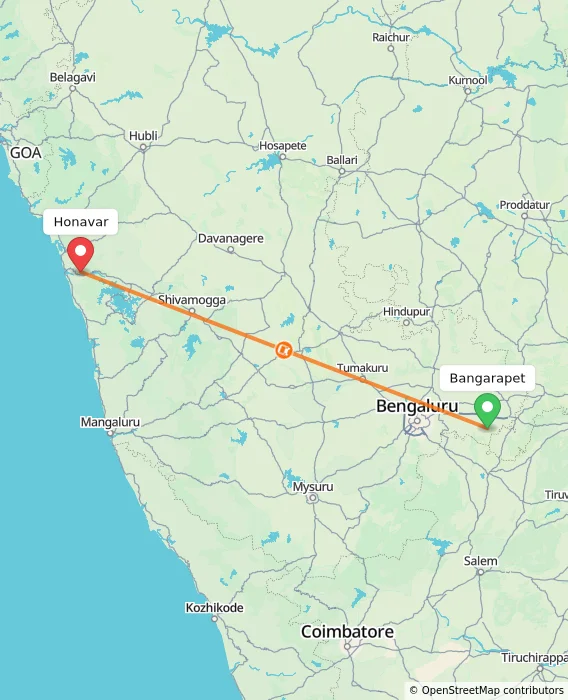 Route map showing distance and travel time from Bangarapet, India to Honavar, India