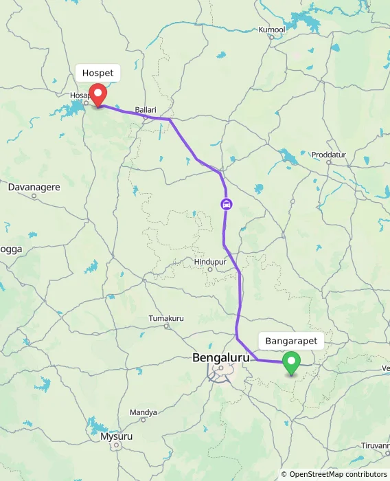 Route map showing distance and travel time from Bangarapet, India to Hospet, India