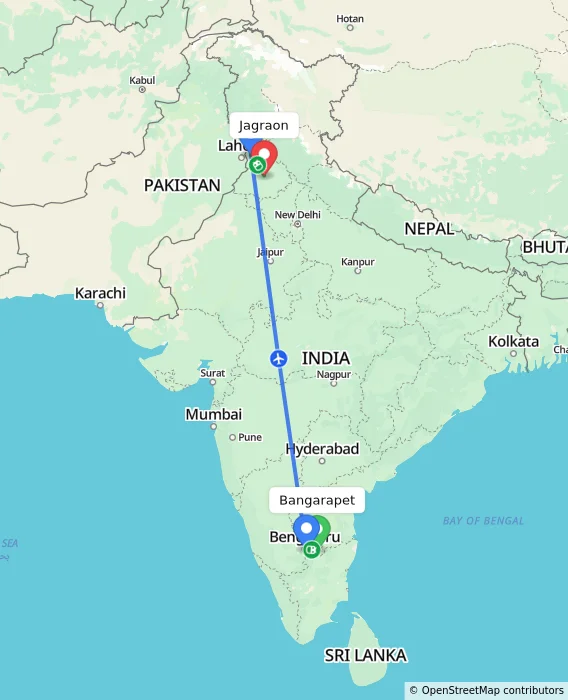 Route map showing distance and travel time from Bangarapet, India to Jagraon, India