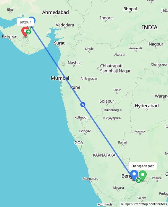 Route map showing distance and travel time from Bangarapet, India to Jetpur, India
