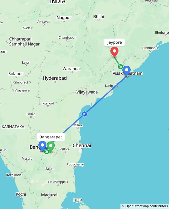 Route map showing distance and travel time from Bangarapet, India to Jeypore, India