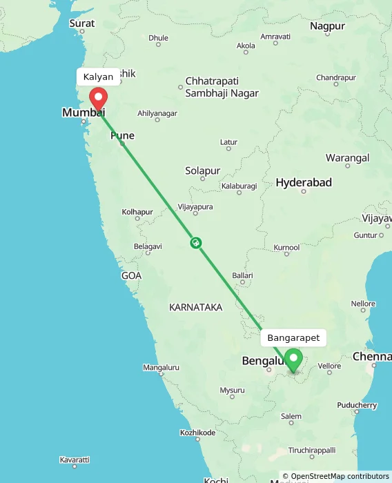 Route map showing distance and travel time from Bangarapet, India to Kalyan, India