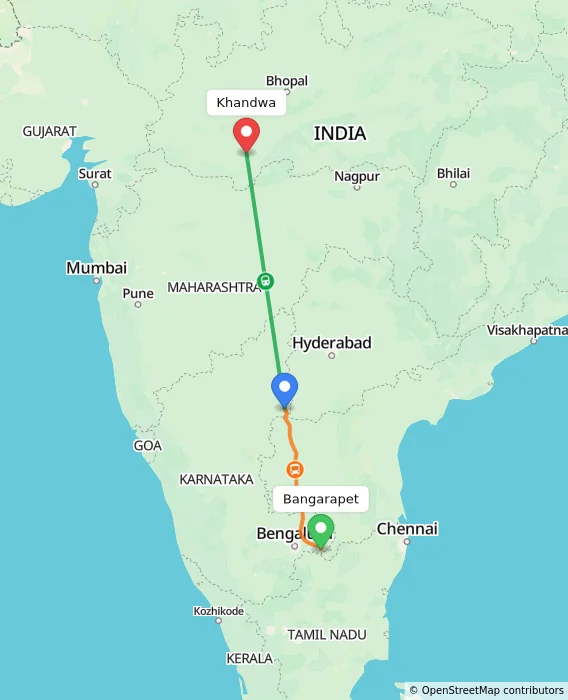 Route map showing distance and travel time from Bangarapet, India to Khandwa, India
