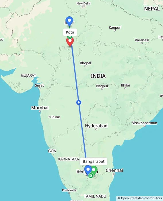 Route map showing distance and travel time from Bangarapet, India to Kota, India