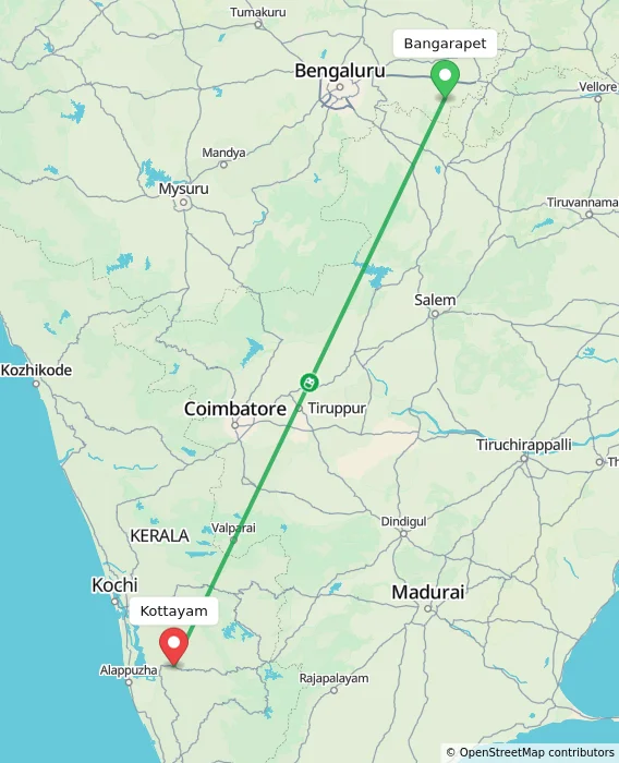 Route map showing distance and travel time from Bangarapet, India to Kottayam, India