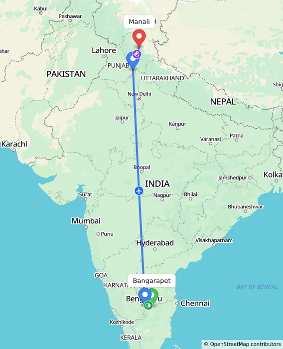 Route map showing distance and travel time from Bangarapet, India to Manali, India
