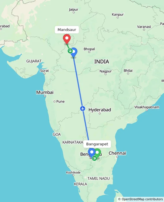 Route map showing distance and travel time from Bangarapet, India to Mandsaur, India