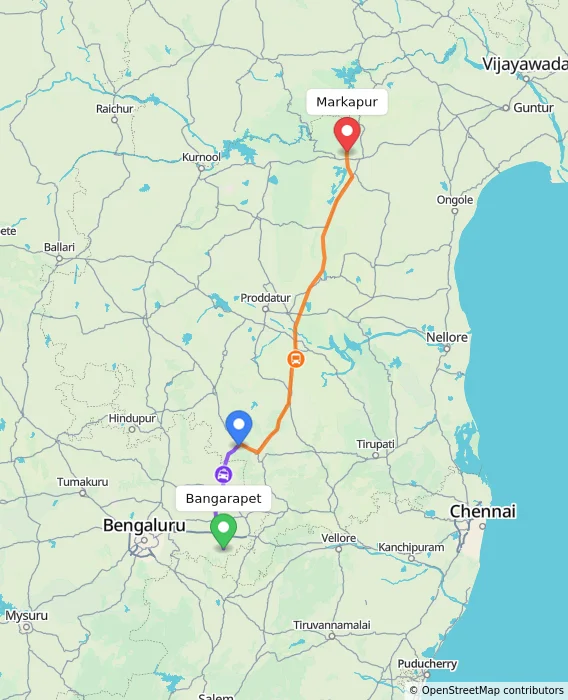Route map showing distance and travel time from Bangarapet, India to Markapur, India