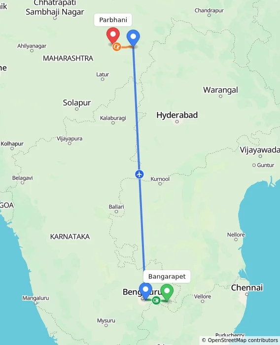 Route map showing distance and travel time from Bangarapet, India to Parbhani, India